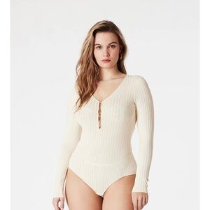 Ecru Ribbed Long Sleeve Bodysuit